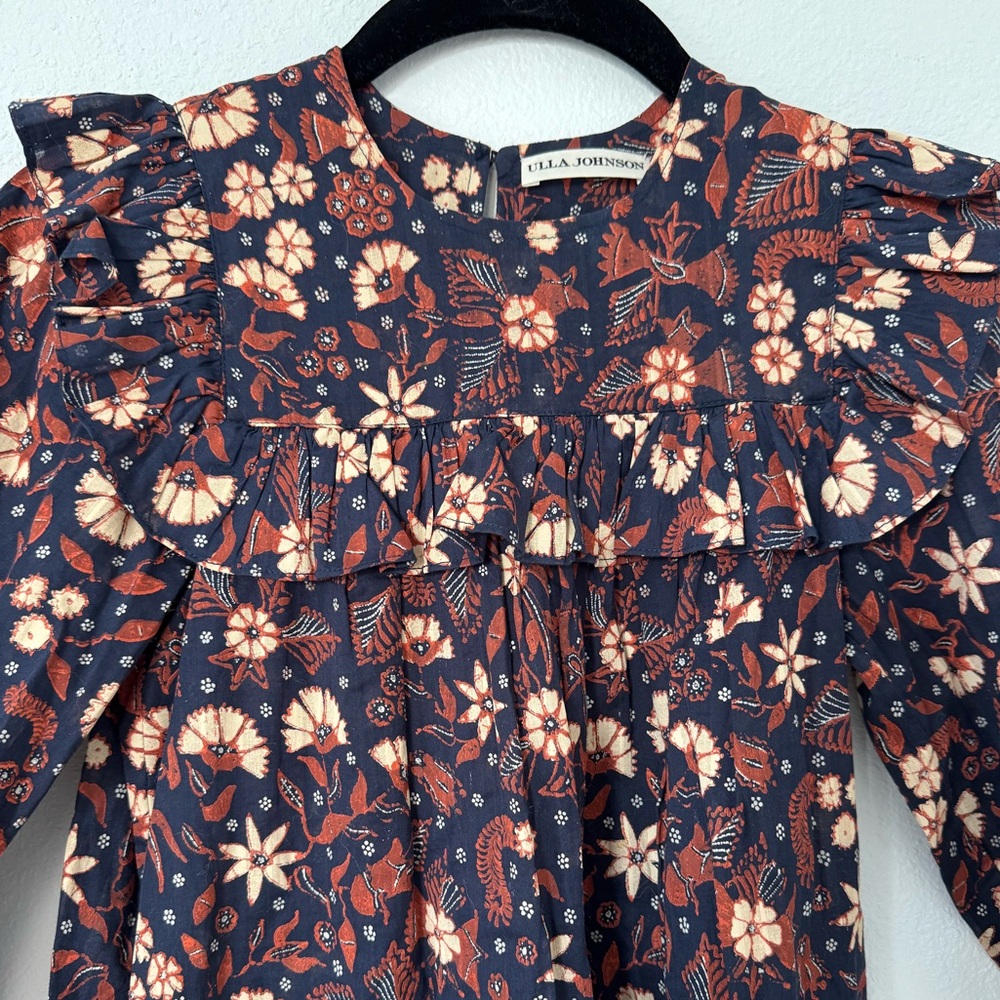 Ulla Johnson Navy, Rust & Cream Floral Ruffle Dress